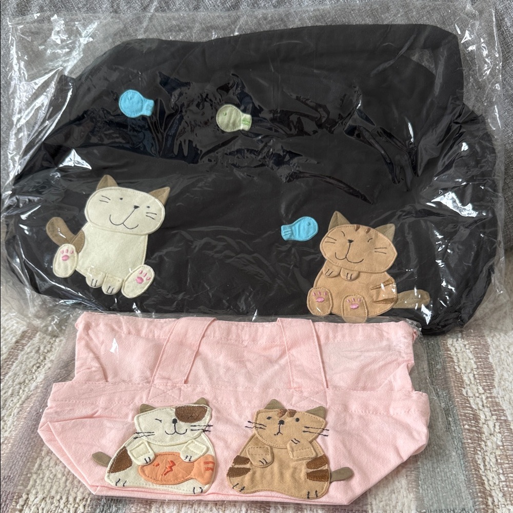 Cute Cat-Themed Duffle and Lunch Bag Set - Black and Pink